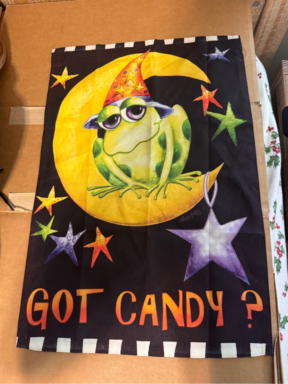Got Candy? Halloween Frog Decorative Garden Flag - Black and Yellow 28” X 40”